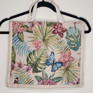 Tropical printed cotton tote bag with butterfly design, featuring a mix of blue,